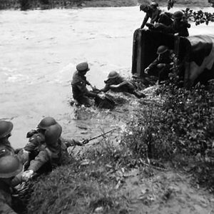 Royal Artillery lorry in difficulties in the River Strule